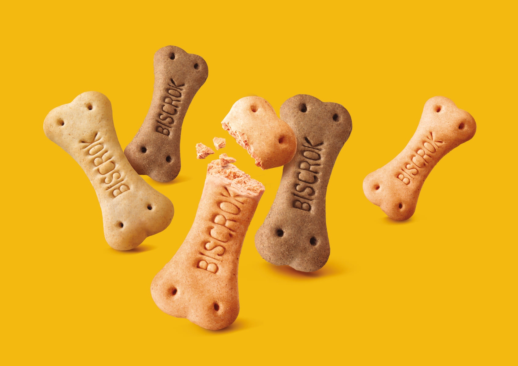 Biscoitos para cachorro PEDIGREE® Biscrok em formato de osso, nos sabores leite, carne e frango.