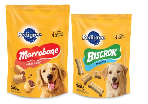 Embalagens dos produtos Petiscos para cães Pedigree Marrobone e Pedigree Biscrok